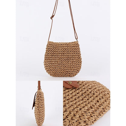 - Crossbody Women’s Chic Strap with Woven Straw Bag Leather