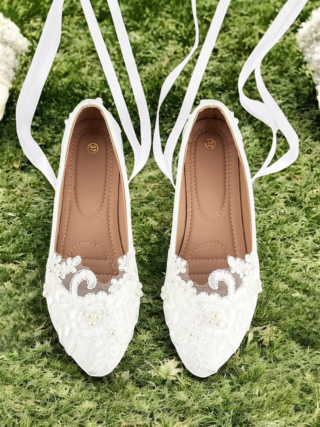 with Shoes Flats Lace - Ribbon White Wedding Ties Elegant Bridal