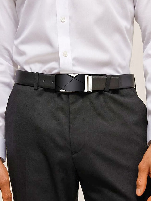 with Elegant Adjustable Black Leather Men's Belt Metal