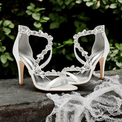 High Women's Floral Pink Rhinestone Sandals Heel with Satin