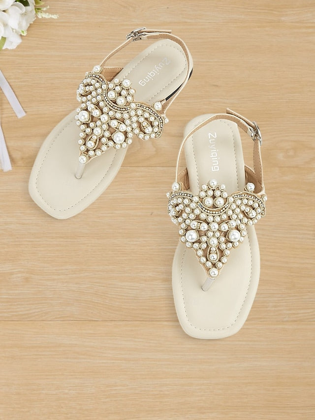 Elegant – Women's T-Strap Sandals Flat Pearl-Embellished