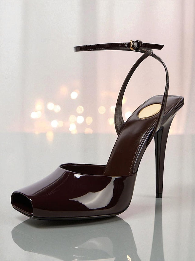 Patent - Toe Leather Heels Women's Green High Peep Dark