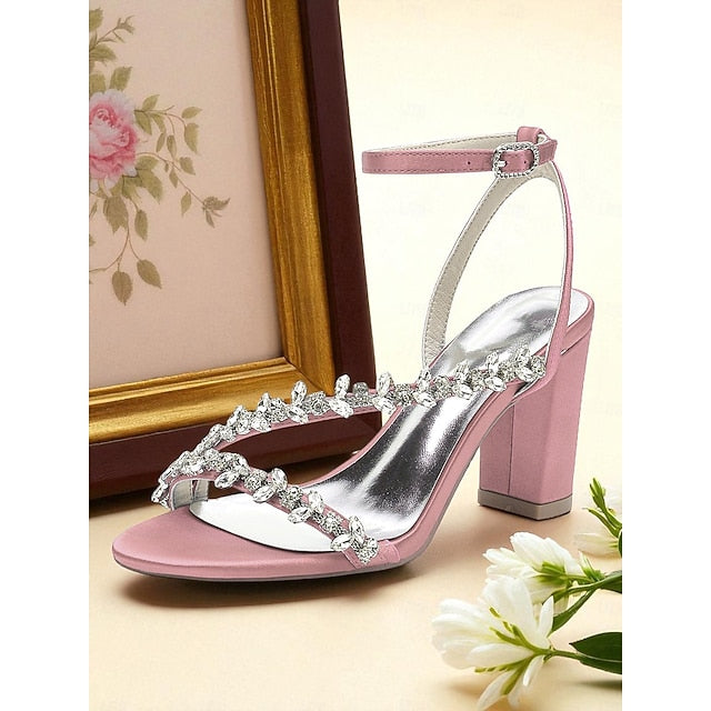 Heel Sandals Block Straps Women's - Rhinestone White with