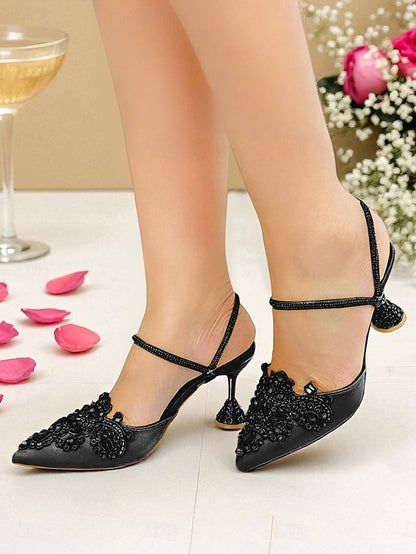 Embellished Women's Rhinestone Pointed Satin Gold Toe