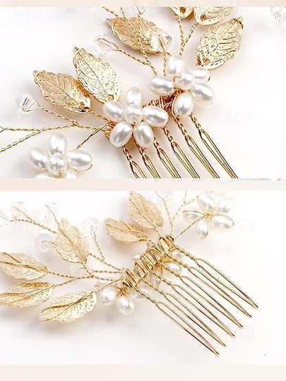 with Faux Pearls Accessory and Bridal Gold Silver Set Hair Leaf