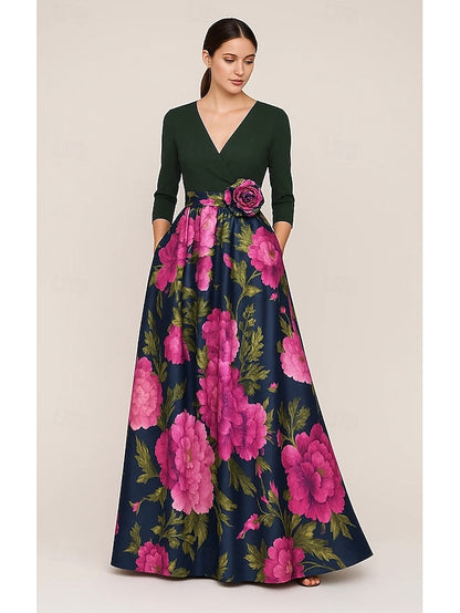 Mother Floral Evening Print A-Line of Bride Elegant Gown the
