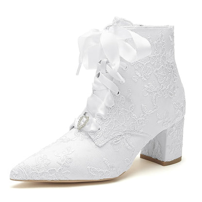 Bridal Women's – Booties Embroidered Lace-Up Floral White