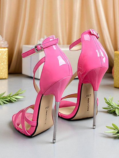 Strappy Heels Red High Stiletto - Women's PU Patent Sandals