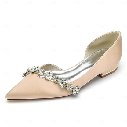 Shoes Pointed with Toe Crystal Wedding Satin Flat and White