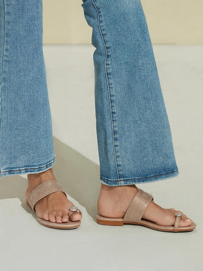 Flat Sandals Women's Slip-On with Heel Rhinestone Champagne