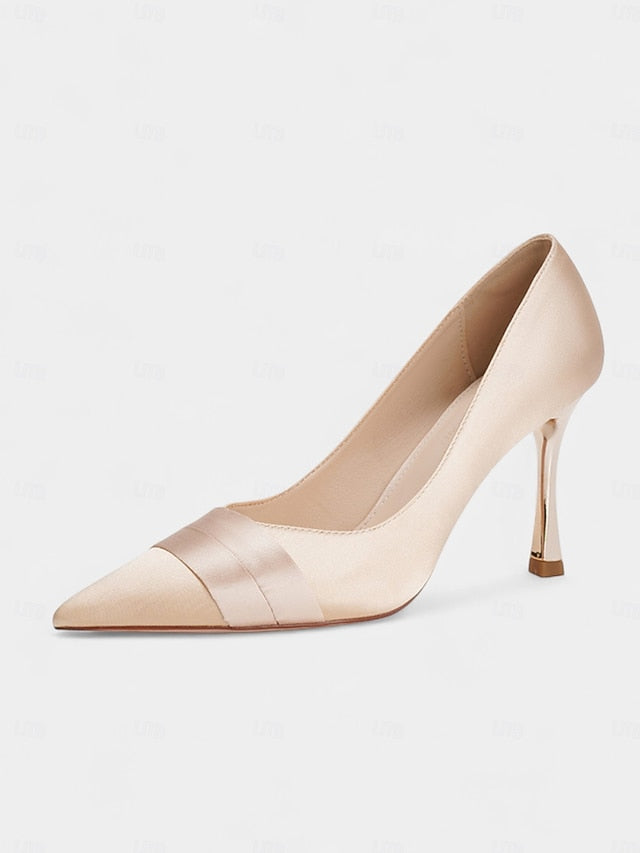 Heel High Pumps - Women's Pointed Toe Champagne Satin