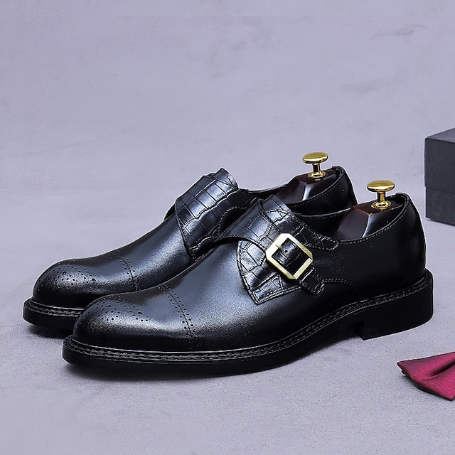 First Men's Genuine Strap Monk Black Leather Shoes-
