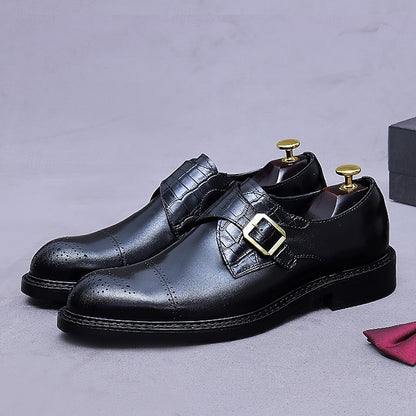 First Men's Genuine Strap Monk Black Leather Shoes-