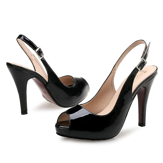 Women's High Patent Black Peep-Toe Leather Heels Slingback