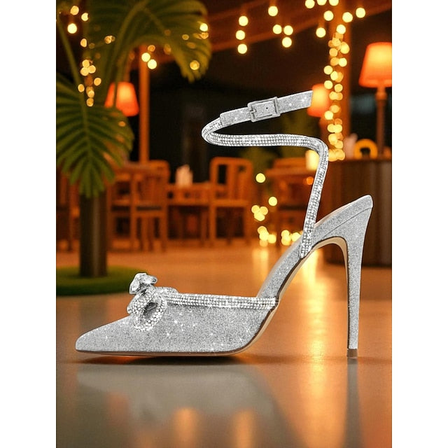 Rhinestone with Satin Heels Women's and Black Bow Stiletto