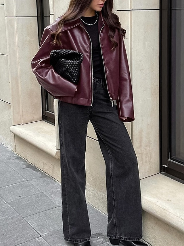 Warm Jacket Zipper Women's Comfortable Faux Pocket Leather