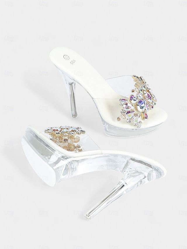 – Women's Embellished Rhinestone Platform Clear Heels
