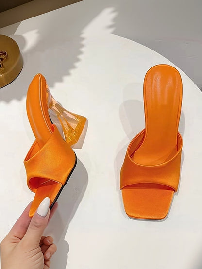 Open-Toe Heels Block with Mules Green Satin for Transparent