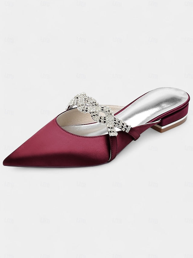 - Rhinestone with Heels Satin Pointed-Toe Mule Blue Detailing