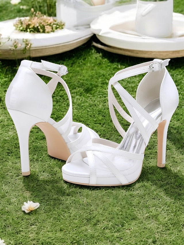 Satin High - White Heel Bridal Straps Sandals with Cross Perfect