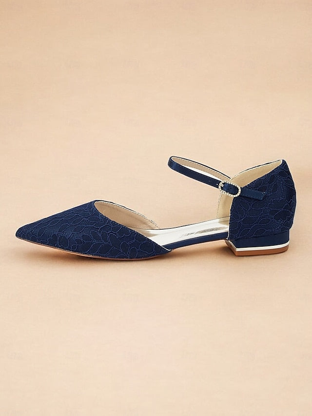 Women's Flats with Pointed Ankle Strap Blue Lace Navy and