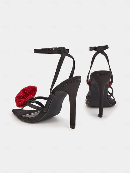 Black Embellishments Heel Chic with High Red - Sandals Floral