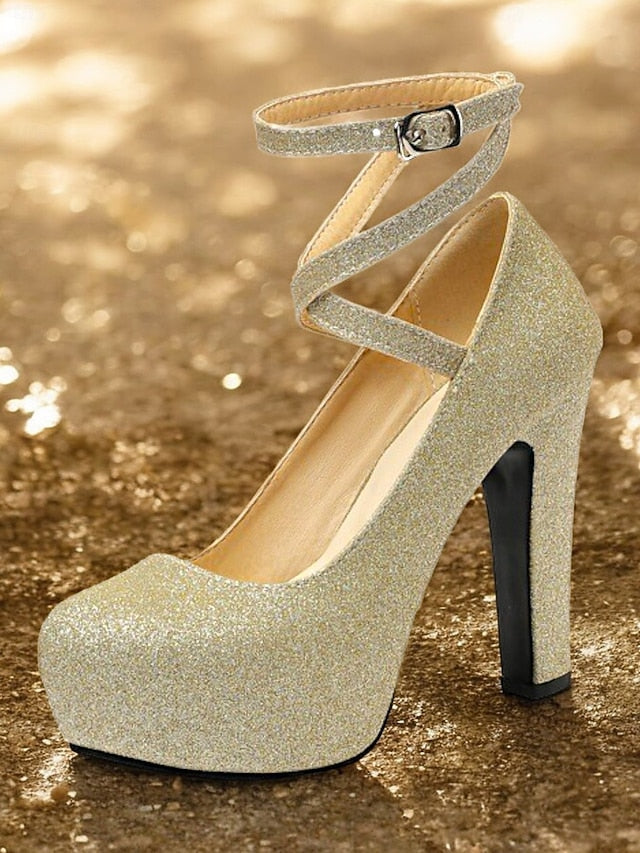 – Women's Heels Platform with Strap Pink Glitter Ankle