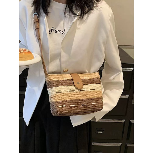 Woven with Women's Colorblock Straw Striped Brown Tote Bag