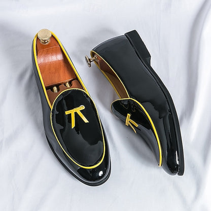 Leather Loafers Men's with Trim Yellow Patent Black Faux