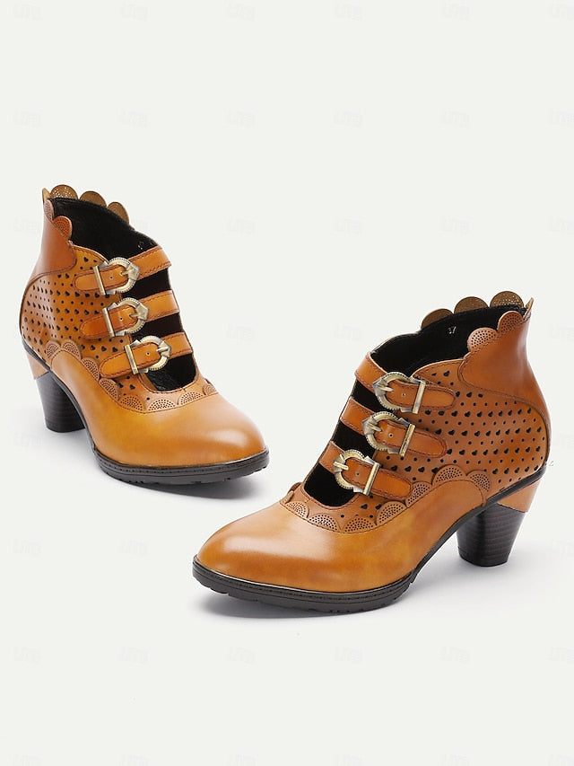 Boots Perforated Ankle Women's Vintage Brown Buckle Strap -