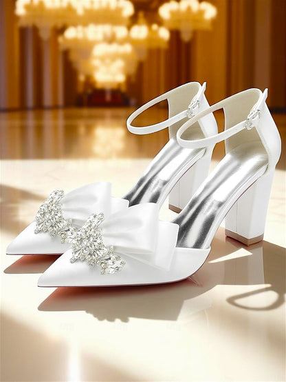 Bow Pumps with and Heel Satin Crystal Women's Block