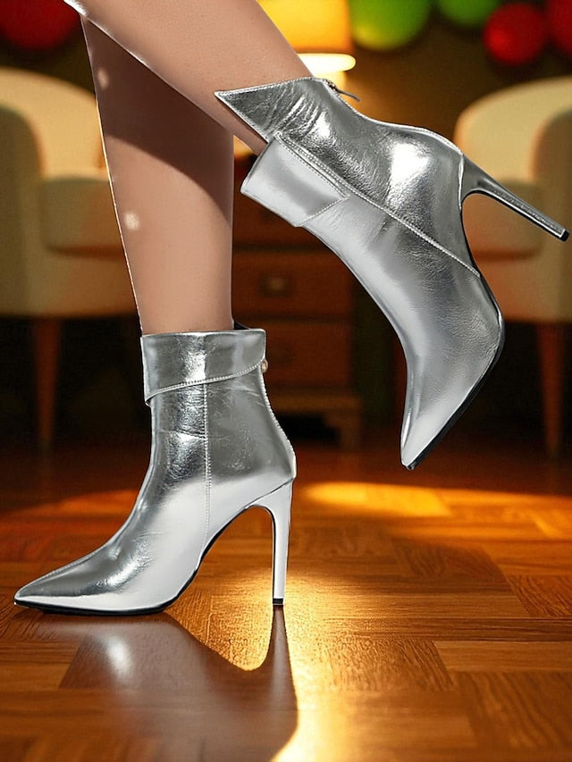 Gold Pointed Ankle - Stiletto Women's Boots Metallic Toe