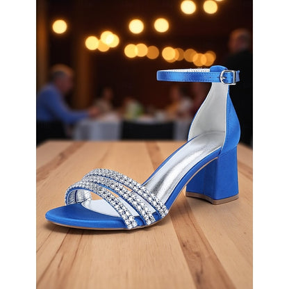 Purple Block Sandals Women's Heel Satin Rhinestone with