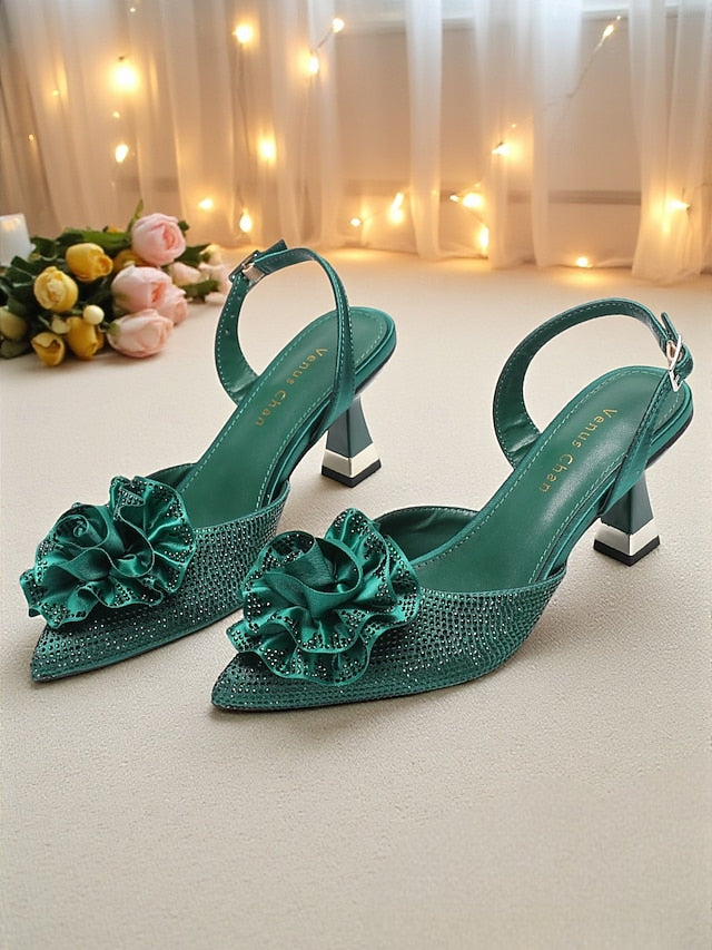 Rhinestone Heels Floral Slingback Women's with Purple