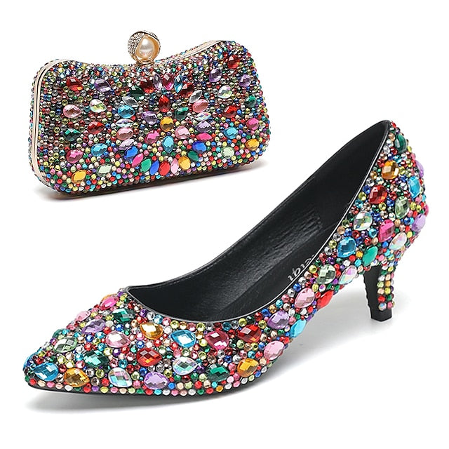 Heel and Matching Women's Kitten Shoes Crystal-Embellished