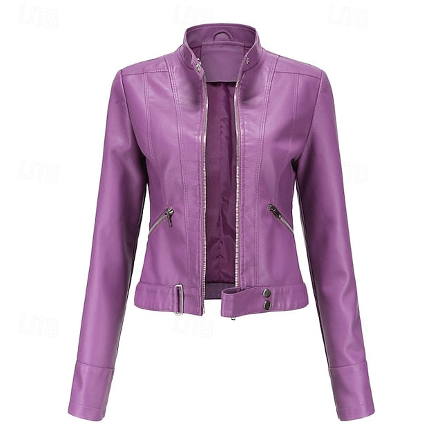 Women's Jacket Zipper Leather Faux Pocket Comfortable