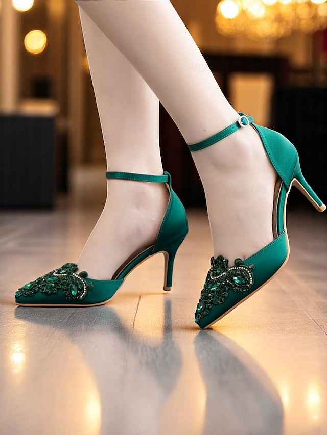 Ankle Satin Pointed – Heels Emerald Green Women's Strap