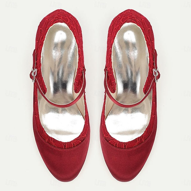 Comfortable Satin Red Mid-Heel Lace Heels - Women's Elegant