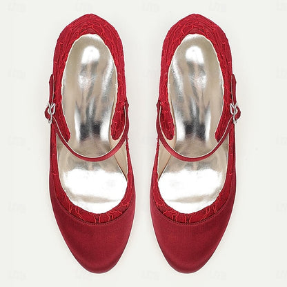 Comfortable Satin Red Mid-Heel Lace Heels - Women's Elegant
