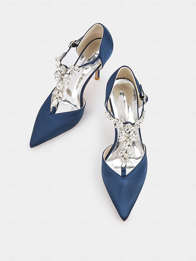 Women's Heels Satin – Pointed Blue Toe Navy T-Strap