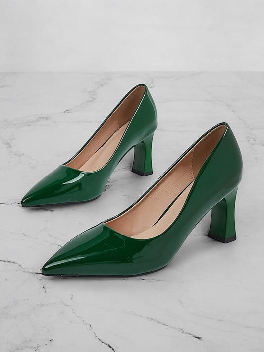 Heel Green Leather Faux Glossy Patent Pumps Pointed-Toe Block