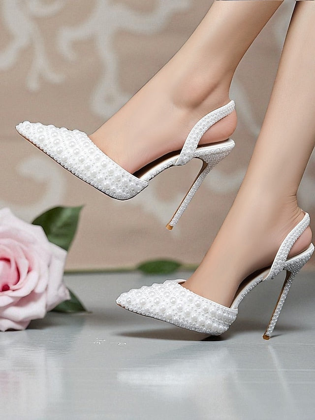 - Women's Pearl-Embellished Slingback Heels Leather White