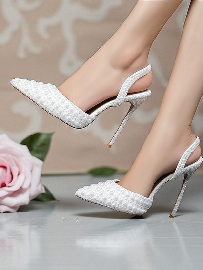 Slingback - Pearl-Embellished Leather Women's White Heels