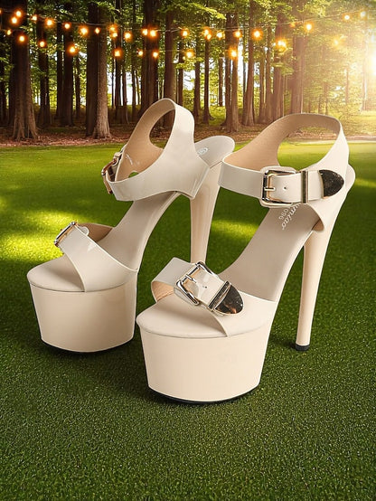 White High Buckle Gold Women's Heels with Platform Patent