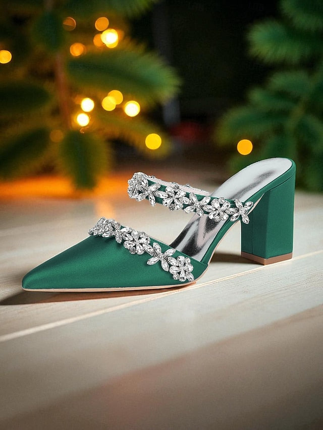 Heel Block Mules with Black Satin Floral Rhinestone Women's