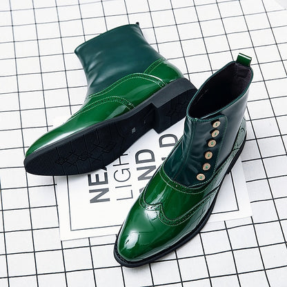 Button Wingtip Green Boots Stylish - Men's Leather Vintage