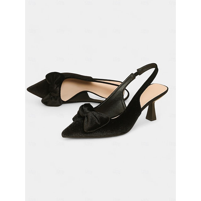 Bow Toe Blue Slingback with Pointed Women's Velvet Heels