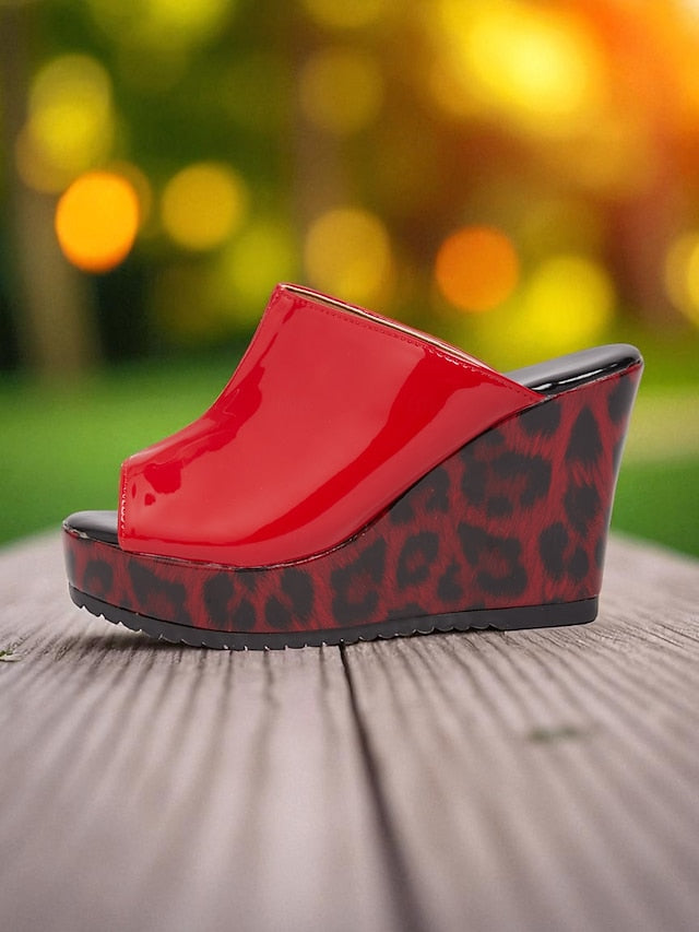 Red Wedge Patent Sandals Peep Leopard Toe Leather Women's -
