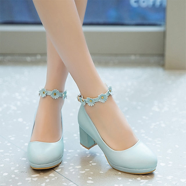 Shoes with Flower Block Ankle White Girls' Daisy Heel