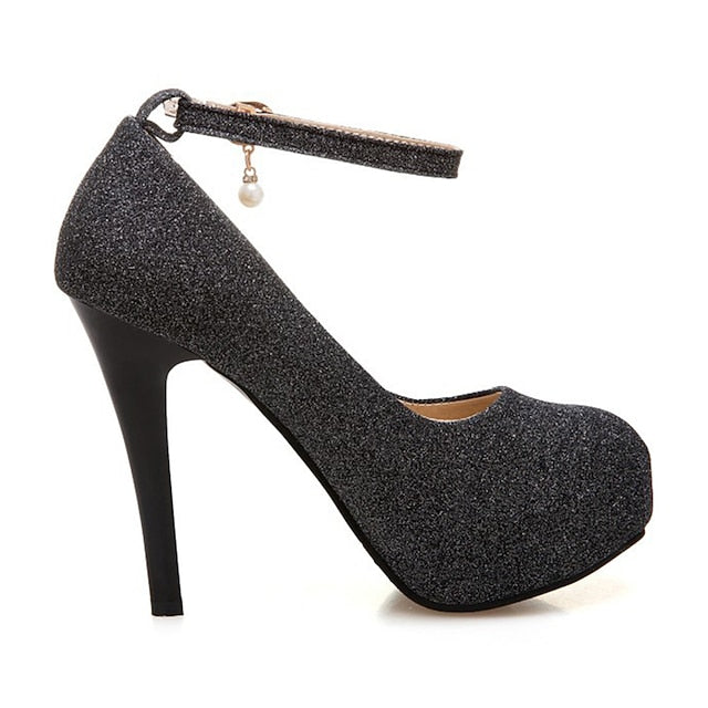 Stiletto Silver Heels Glitter Ankle Women's Platform with